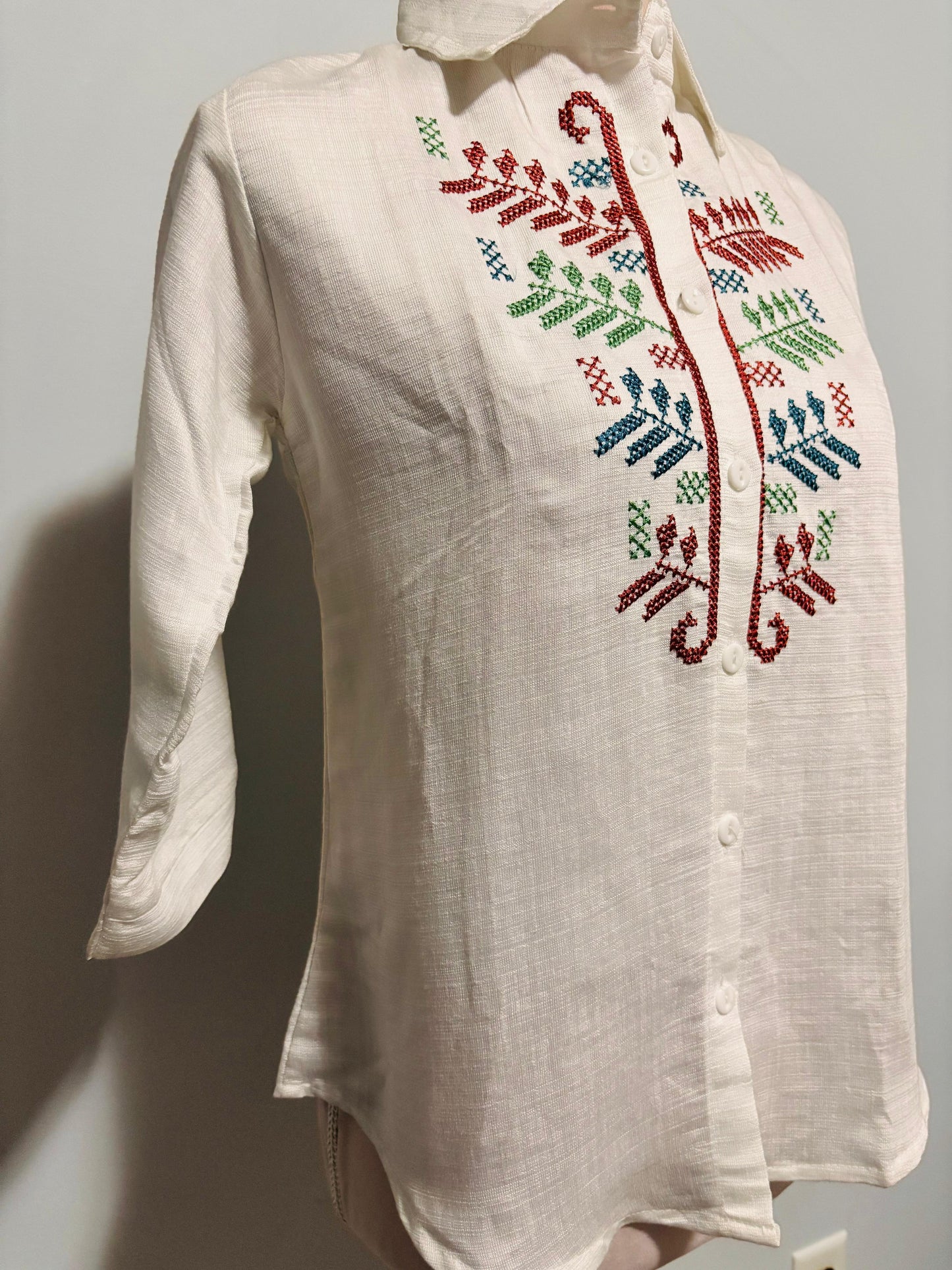 Linen Embroidered White Blouse in Large Size