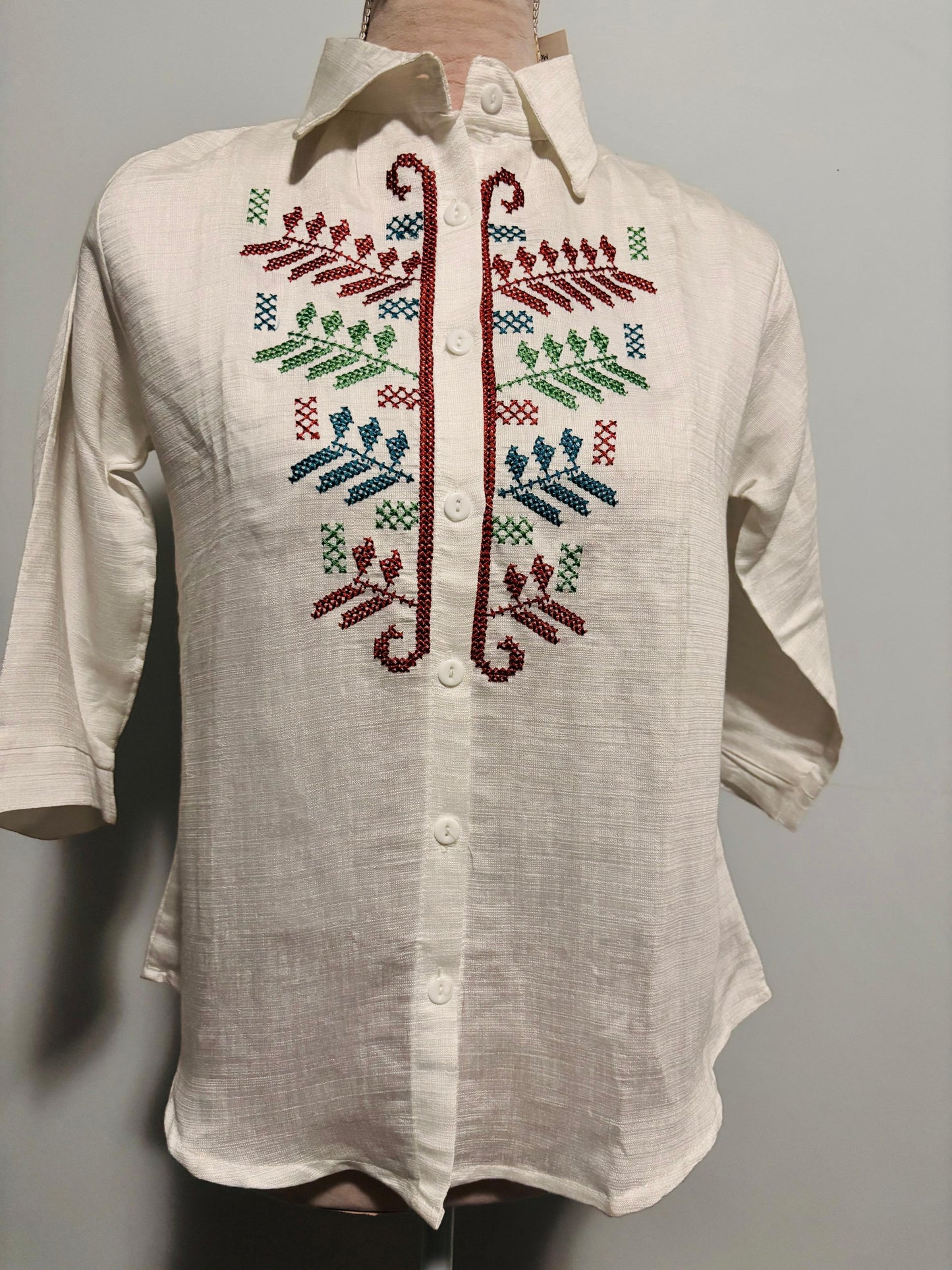 Linen Embroidered White Blouse in Large Size