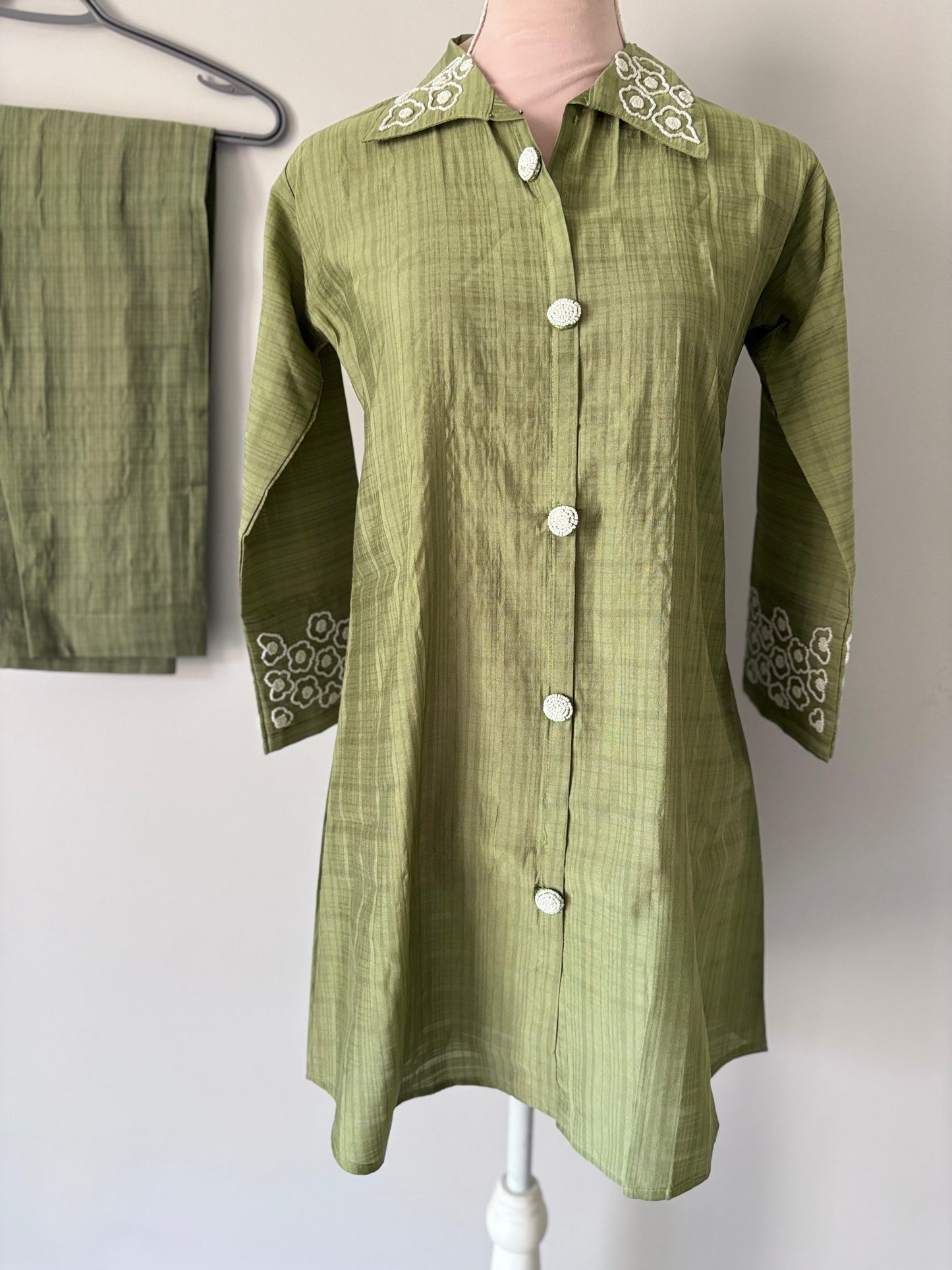 Olive Green with Beadwork on Collar and Sleeves