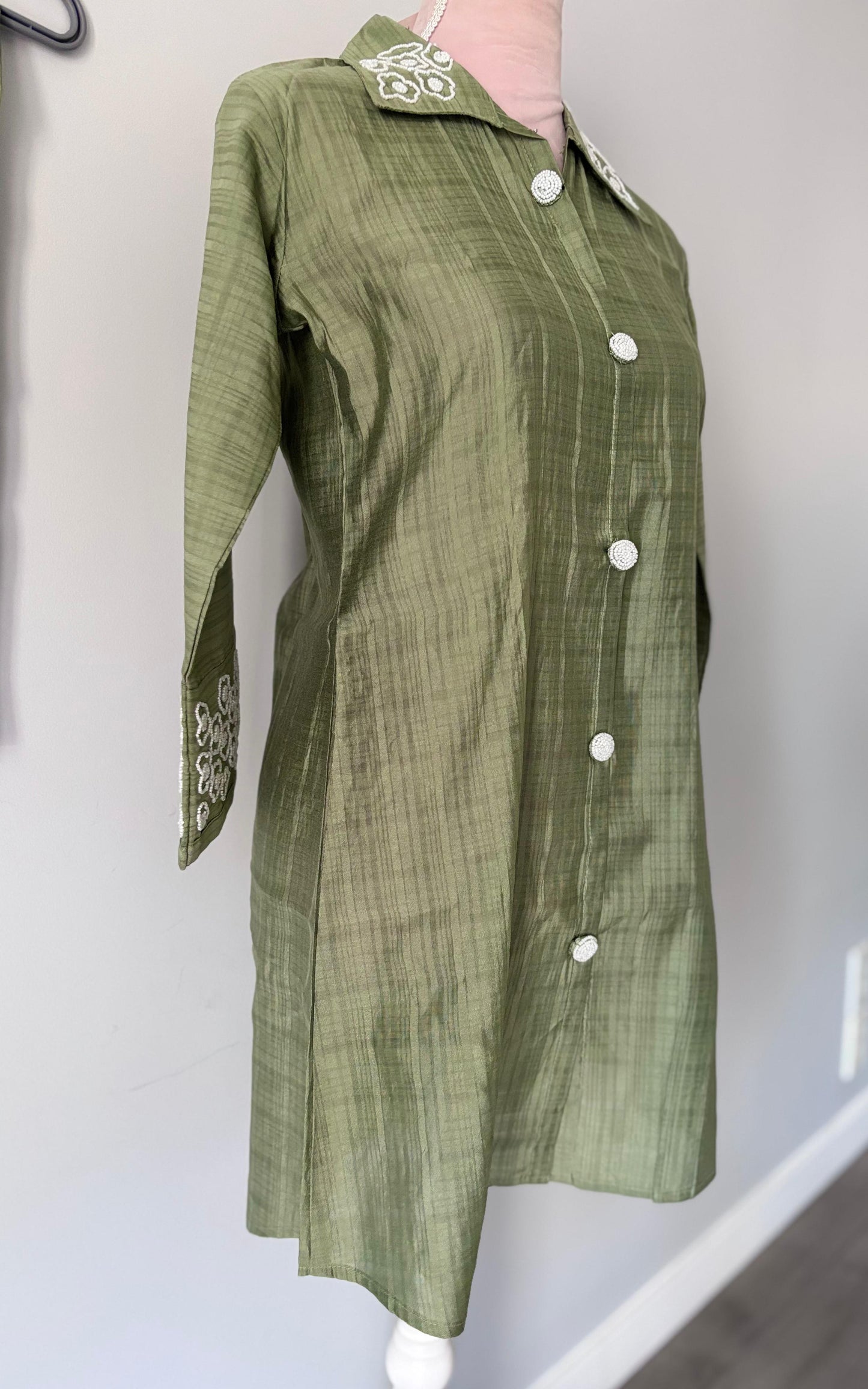 Olive Green with Beadwork on Collar and Sleeves