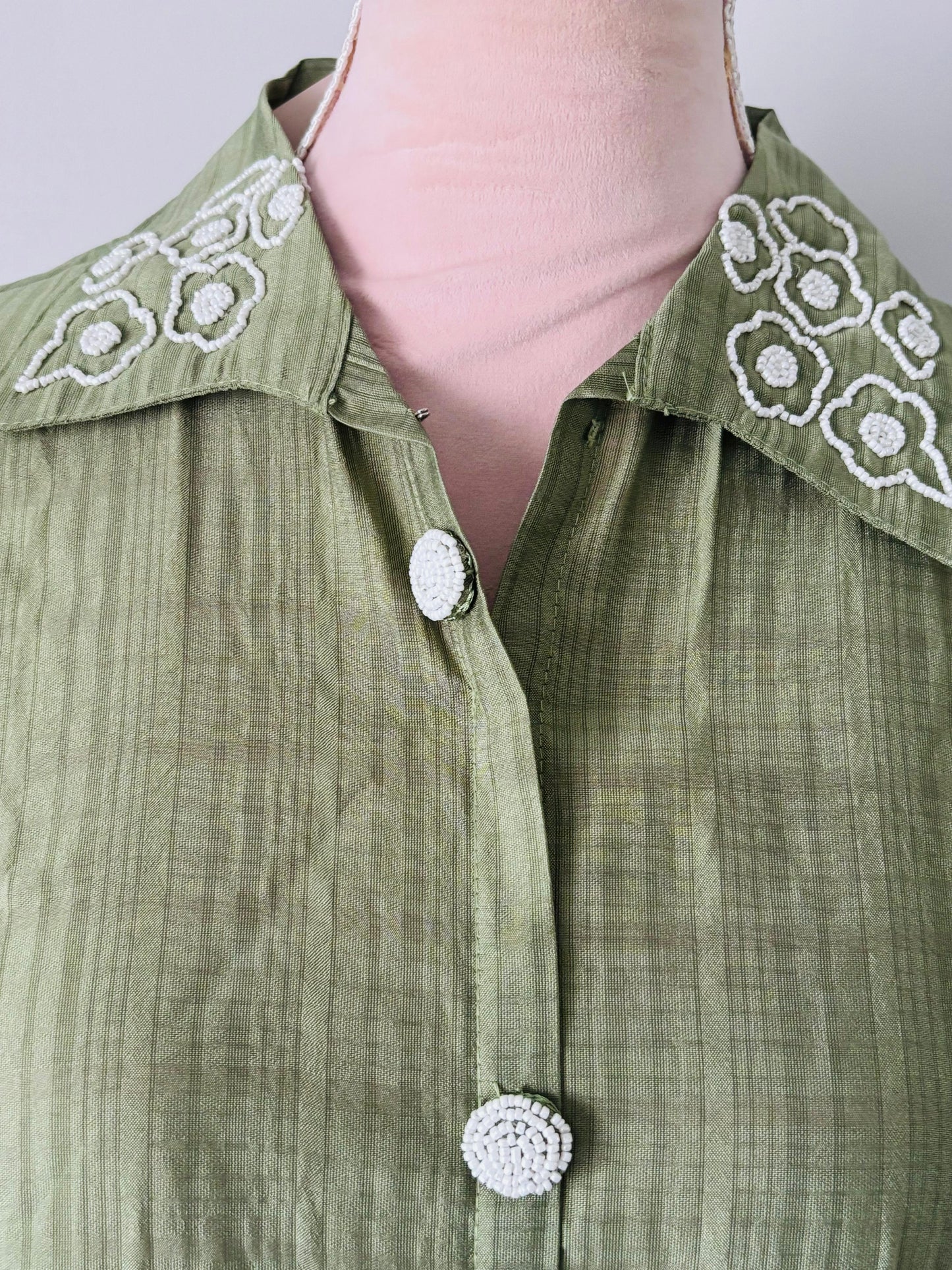 Olive Green with Beadwork on Collar and Sleeves