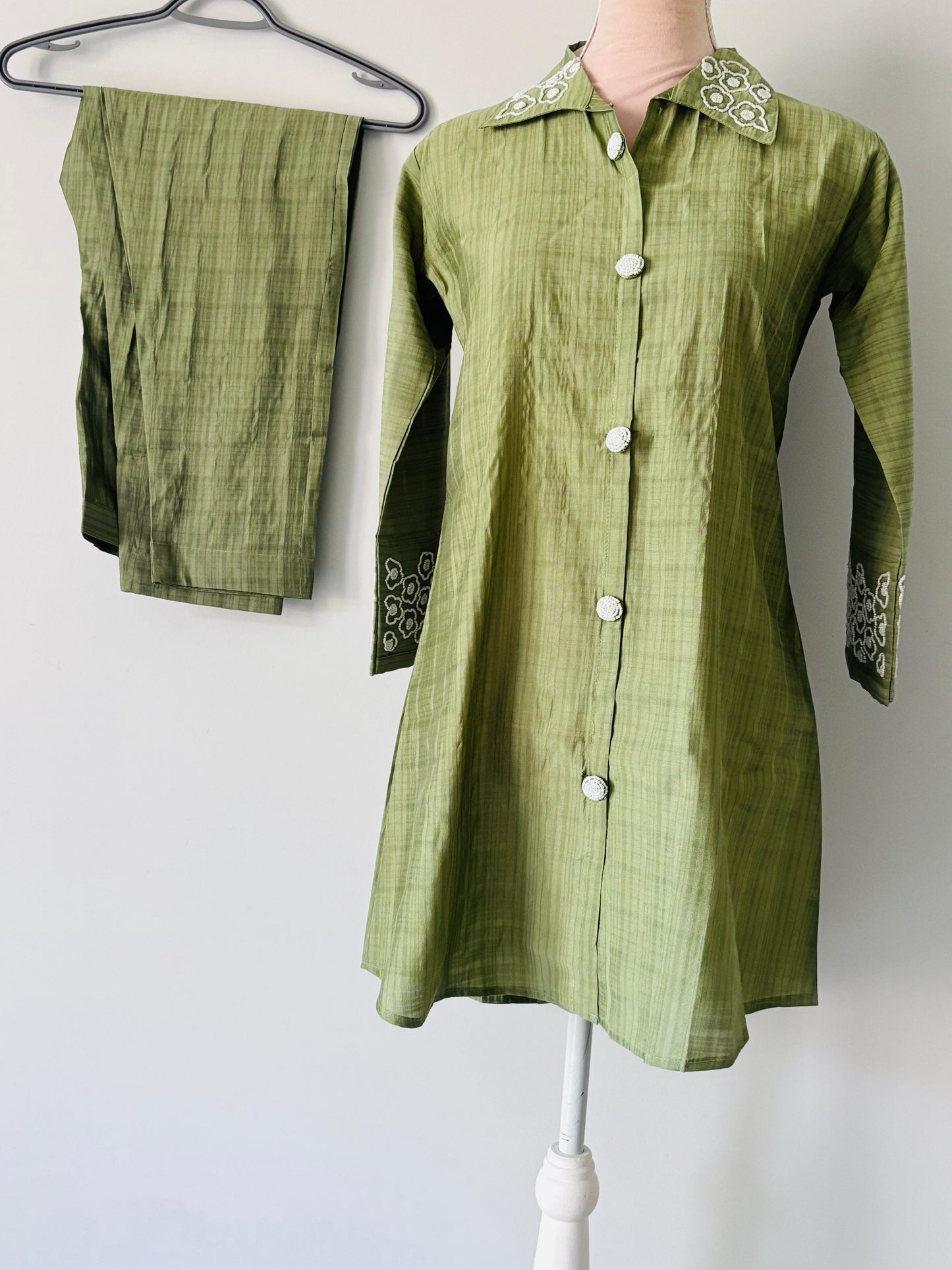 Olive Green with Beadwork on Collar and Sleeves