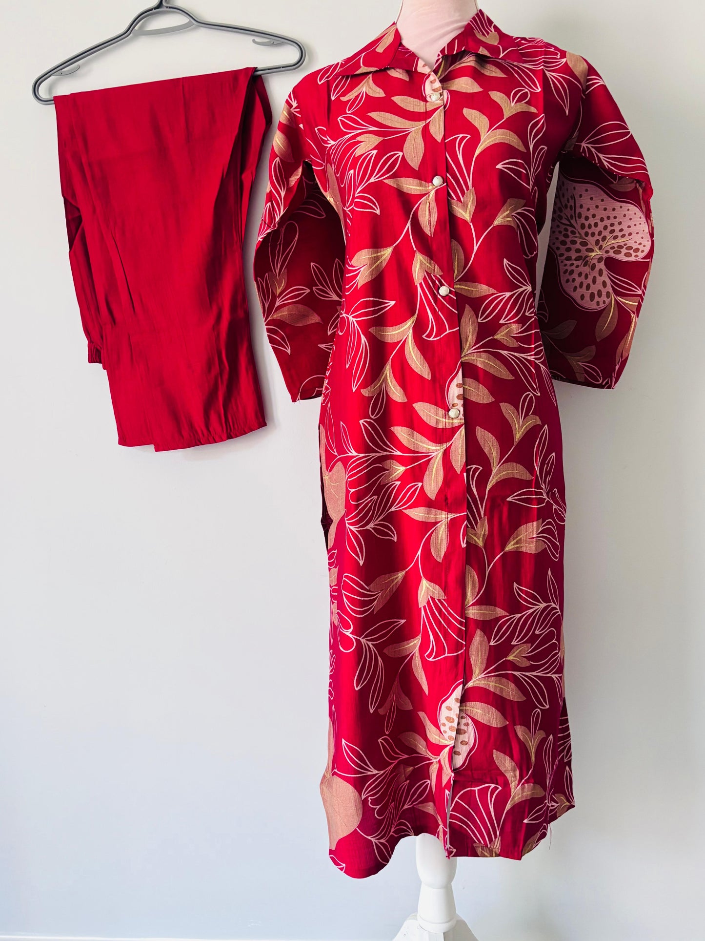 Cotton Long Kurti with Bottom in Red