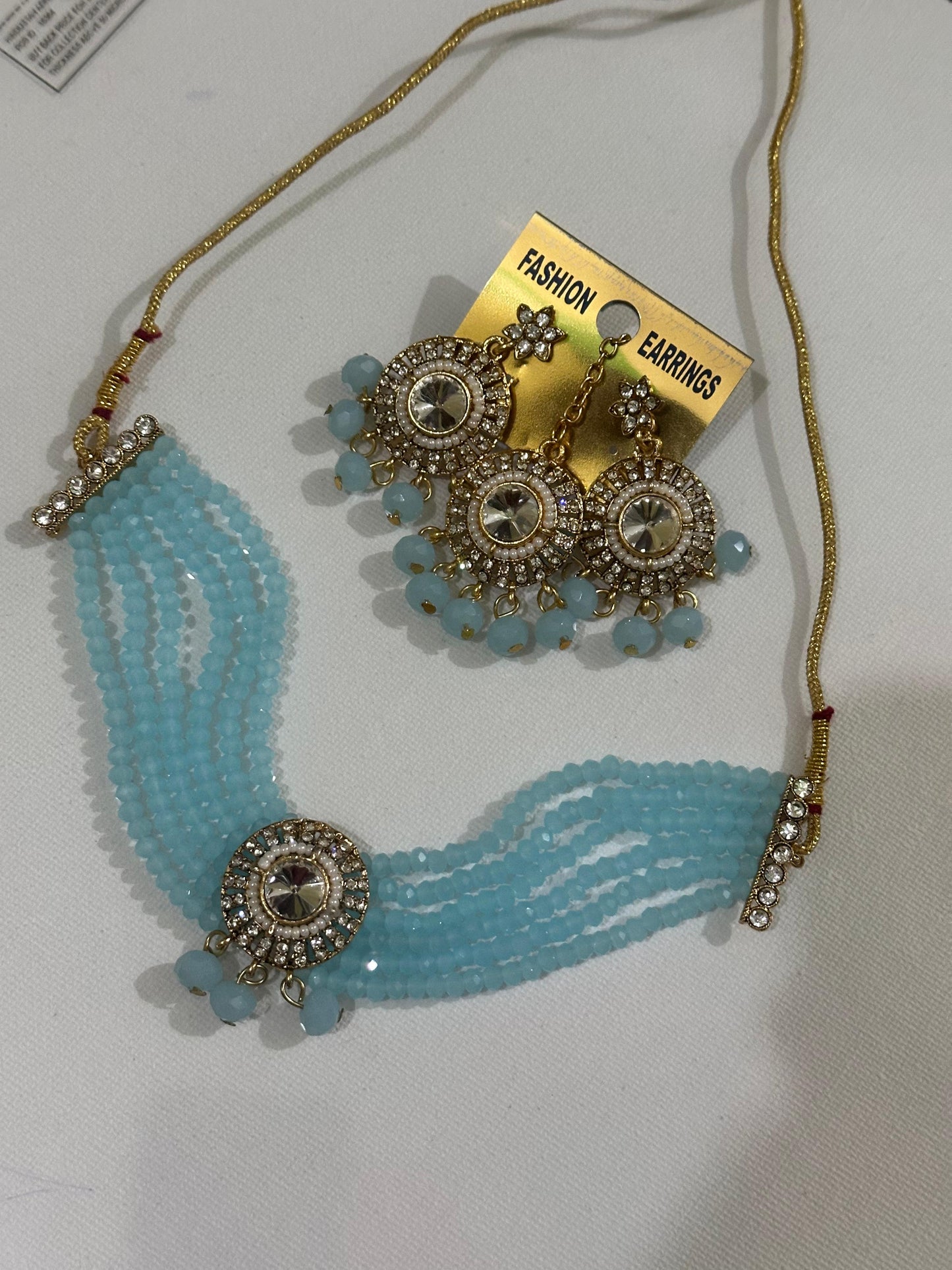 Sky blue Necklace with Earrings and Tikka