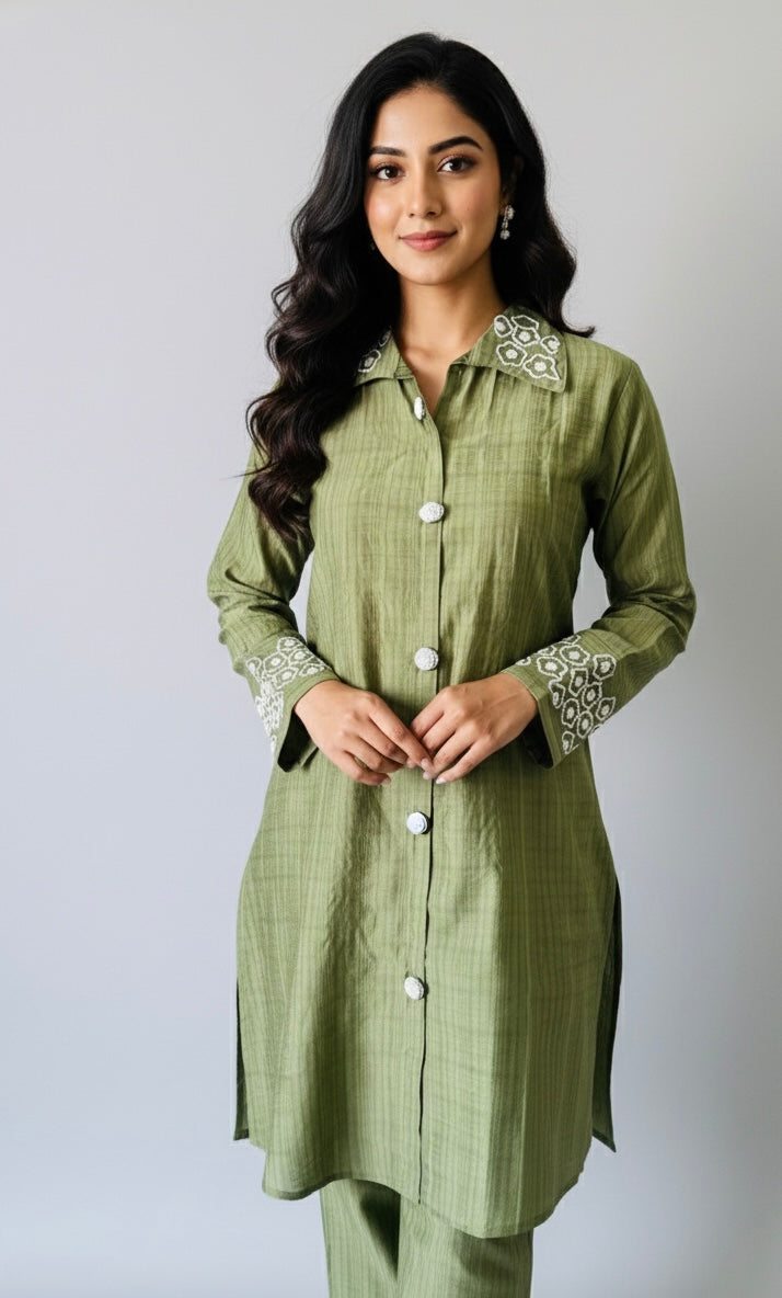 Olive Green with Beadwork on Collar and Sleeves