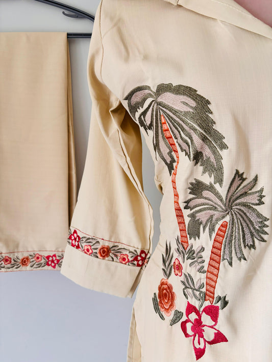 Light Beige Palm Tree Embriodery
