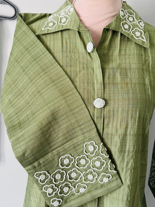 Olive Green with Beadwork on Collar and Sleeves