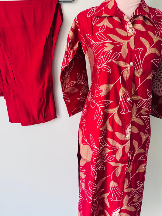 Cotton Long Kurti with Bottom in Red