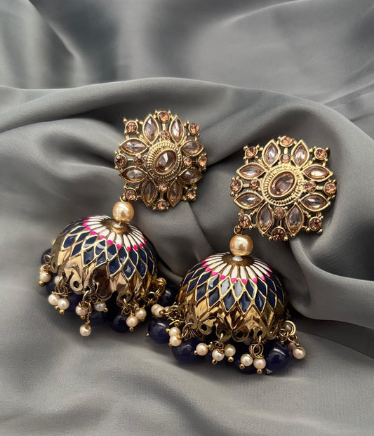 Ornate Gold and Blue Jhumkis