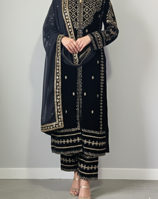 Black Embroidered Suit Velvet